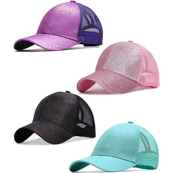 4 Pieces Kids Girls Glitter Mesh Baseball Ball Cap Trucker